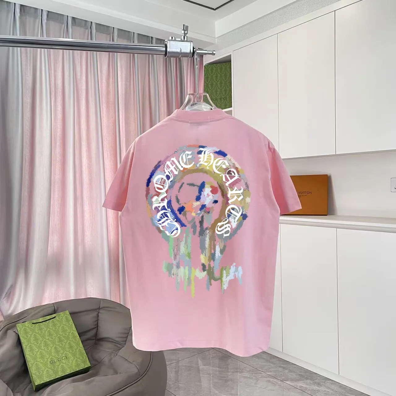 🅿️170 ch Cro* 2025 summer new style Sanskrit cross horseshoe print short-sleeved T-shirt customized fabric 300g same style for men and women Size: S M L XL XXL five sizes Color: black white pink iron gray